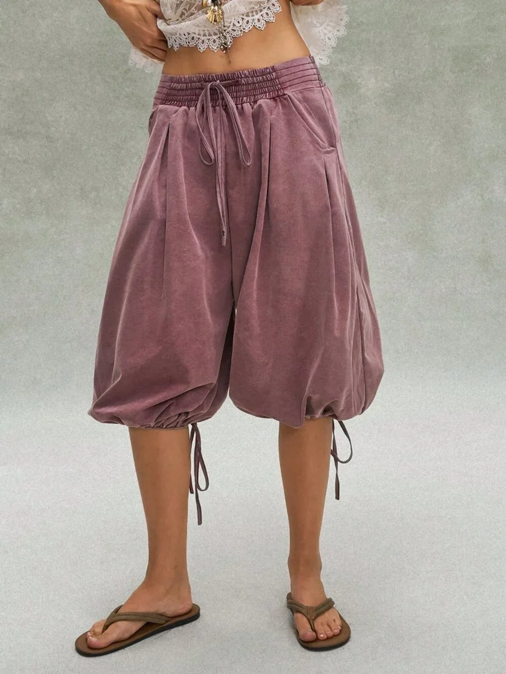 Purple Casual Boho Women's Cargo Pants with Waist Drawstring